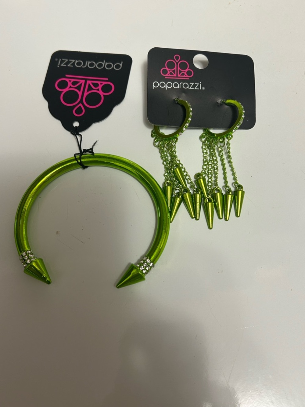 Paparazzi Neon Lime Spike Cuff and Dangle Hoop Earring Set